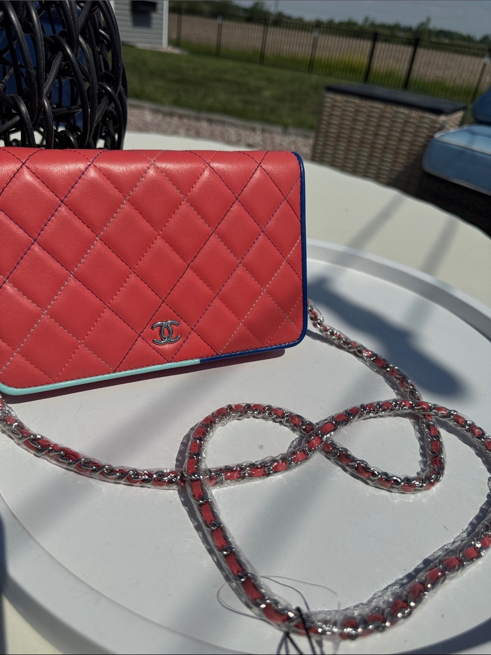 CHANEL Coral Quilted Leather Crossbody with Blue and Mint Trim